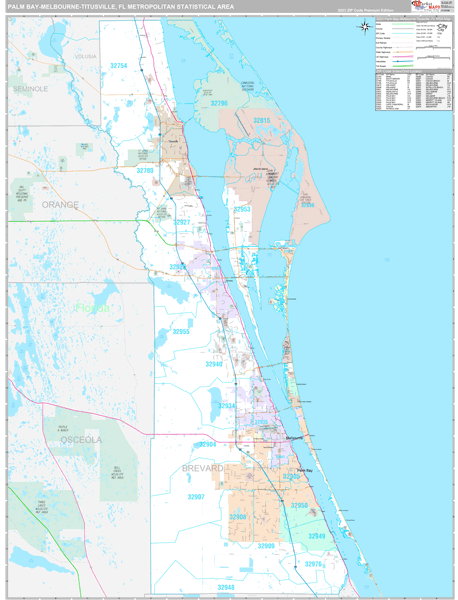 Palm Bay-Melbourne-Titusville, FL Metro Area Wall Map